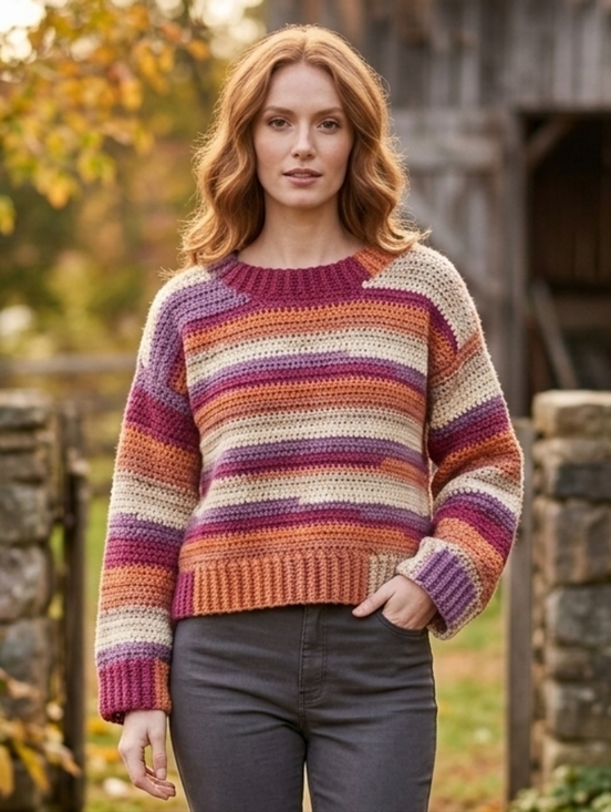 Handmade Sweaters - Handmade Hand Crocheted Women's Boho Cottagecore Striped Sweater Size M/L